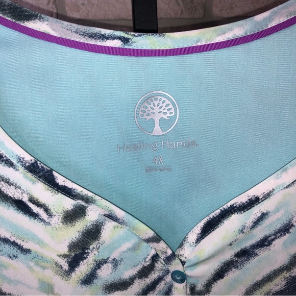 Healing Hands two button Jewel Neck blue and green patterned Scrub top - Picture 4 of 9